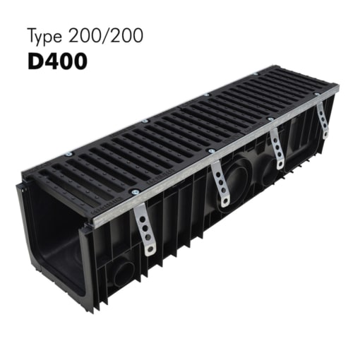 200/200 afvoergoten in HD-PP met vergemonteerde roosters in gietijzer